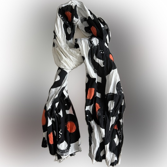 🔘🟠⚫️Anthropologie Brazen Orange White Black Geometric Pattern Scarf 26" x 72" - Picture 3 of 11